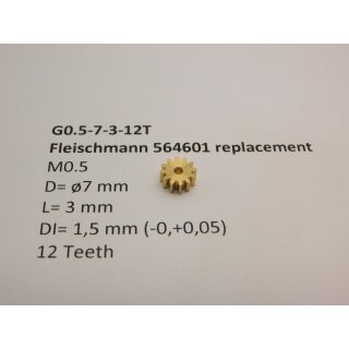 Ritzel Messing M0.5 D=ø7 L=3 DI=1.5 mm 12 Zahne (Fleischmann 564601)