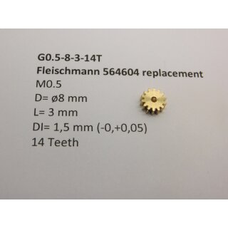 Ritzel Messing M0.5 D=ø8 L=3 DI=1.5 mm 14 Zähne Fleischmann 564604